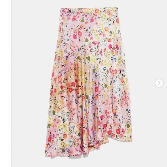 Zara Floral Satin Effect Asymmetric Midi Skirt Size XS - Picture 4 of 10